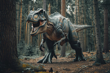 Fototapeta premium Generative ai on theme of big scary hungry dinosaur with kind eyes and sharp teeth destroying park