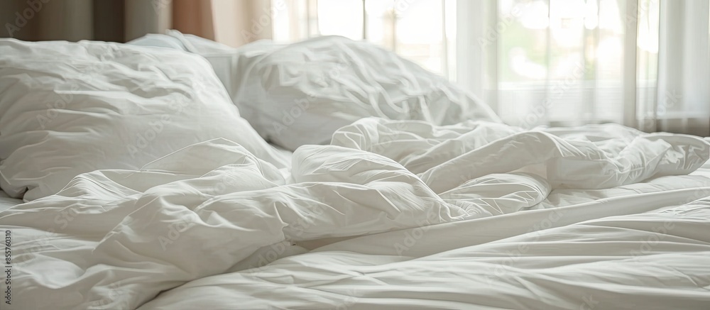 Poster Clean white sheets and pillows on a bed. with copy space image. Place for adding text or design
