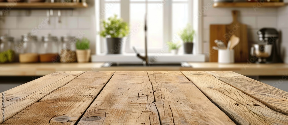 Poster Table Top And Blur Kitchen Room of The Background. with copy space image. Place for adding text or design