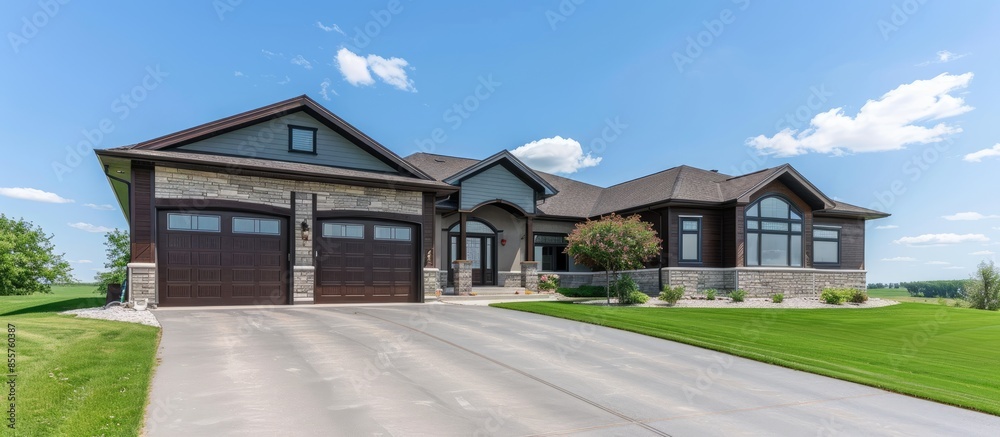 Poster large and beautiful home with double garage double front door and blue sky green grass. copy space i