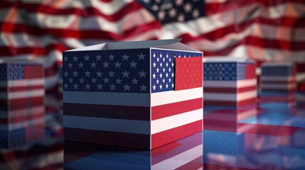 Obraz premium A close-up image of ballot boxes decorated with the American flag, with a blurred background of the American flag. Generative AI