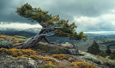 A lone windswept tree on a hillside