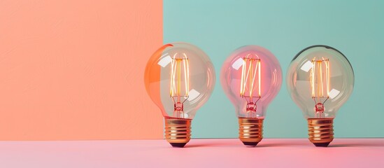 three vintage edison light bulbs, Isolated on pastel background. with copy space image. Place for adding text or design