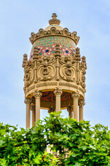 Ancient gazebo with tile dome. Casa Lleo Morera designed by Lluis Domenech i Montaner, Barcelona,...