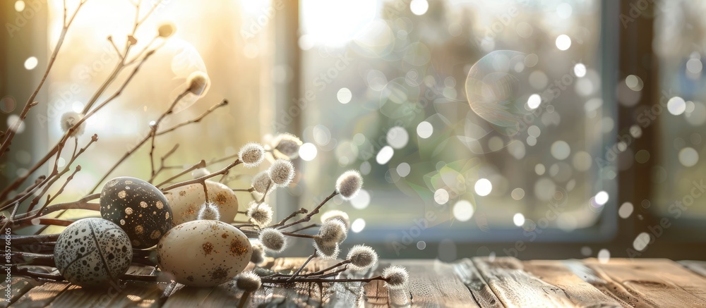 Poster easter decoration, eggs, pussy-willow branches on a wooden surface on a window background. with copy