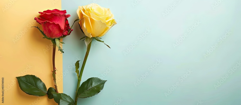 Poster Red and yellow rose on a pastel background   Design. with copy space image. Place for adding text or design