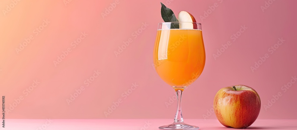 Fototapete Fresh apple juice in glass isolated on pastel background. with copy space image. Place for adding text or design