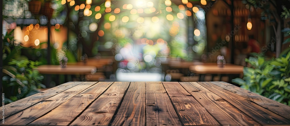 Poster Selected focus empty brown wooden table and Coffee shop or restaurent blur background with bokeh image. for your photomontage or product display. with copy space image
