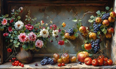 a painting of flowers and fruit on a table