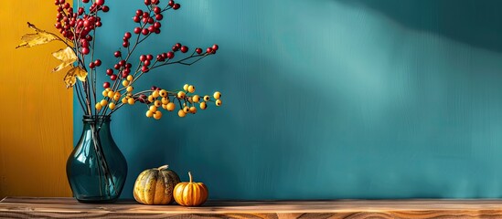 Beautiful table setting and vase with autumn decor near color wall, closeup. with copy space image. Place for adding text or design