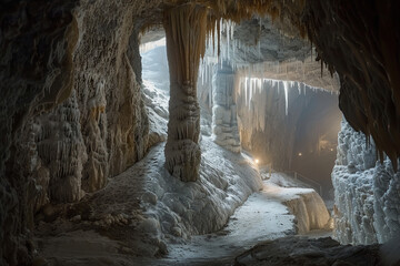 Generative ai on theme of a large beautiful sharp stalactites hanging down from deep mountain cave