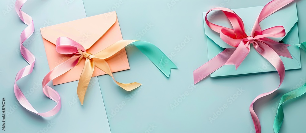 Aufkleber The envelopes with colorful ribbons.For the meaning of your message or web design and design background. pastel background. with copy space image. Place for adding text or design