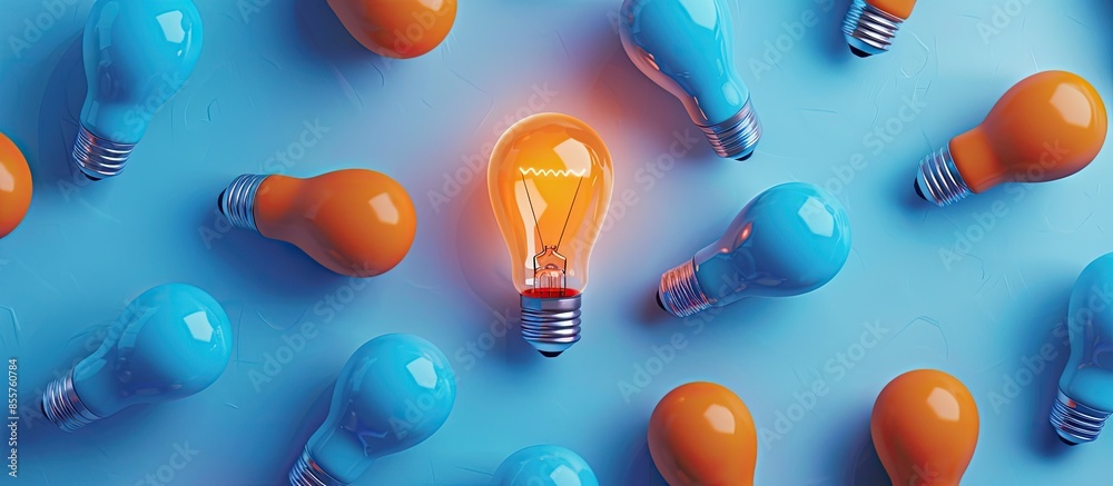 Aufkleber Outstanding Orange light bulb color in middle Surrounded by blue light bulb. minimal concept. with copy space image. Place for adding text or design