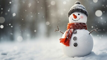 Fototapeta premium Happy Snowman Dressed in a Red and White Scarf and Hat, Standing in a Snow-Covered Field. Generative AI