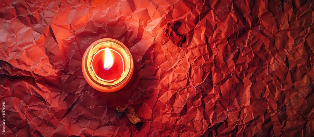 Poster burning soy candle and wax flakes on crumpled red paper. with copy space image. place for adding tex