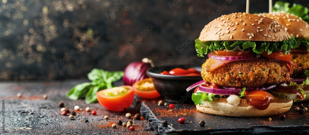 Aufkleber vegan falafel burger with vegetables and sauce, dark background. healthy food concept. copy space im