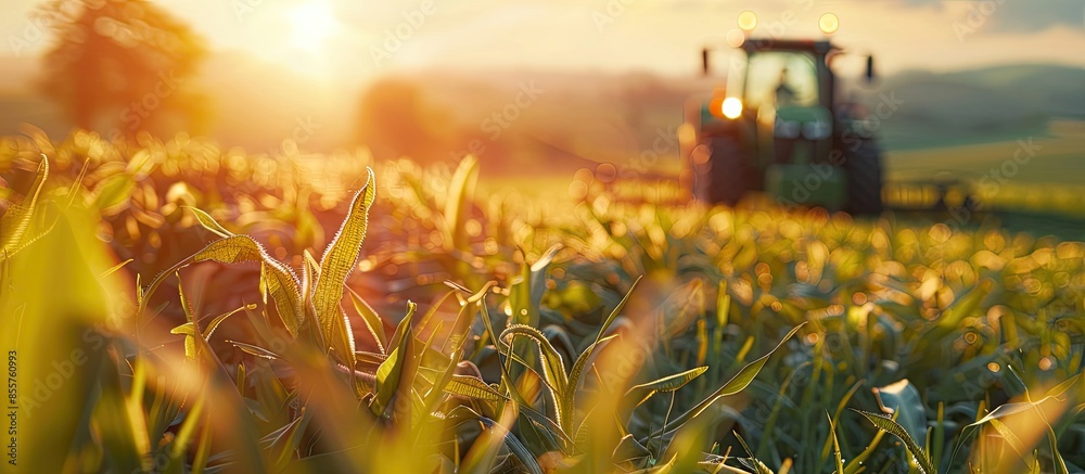 Aufkleber Creative agricultural landscape. Low angle view through grass to tractor drill in sunlight. Copy space image. Place for adding text or design