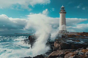 Obraz premium Generative ai on theme of large retro lighthouse with beam of bright light shining out to blue sea
