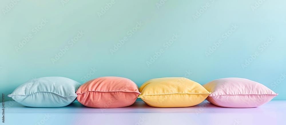 Poster Set of soft pillows isolated on pastel background  Design. with copy space image. Place for adding text or design