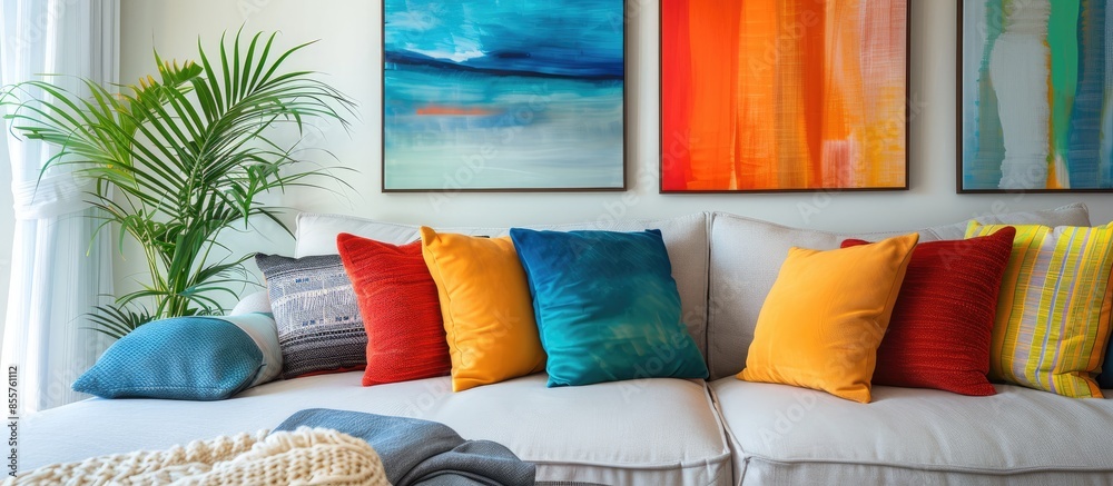 Aufkleber neutral living room with colorful pillows on sofa and paintings on wall . with copy space image. pla