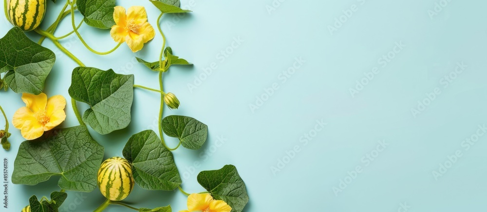 Aufkleber fresh green leaves of melon with yellow blooms and tendrils isolated on pastel background. with copy