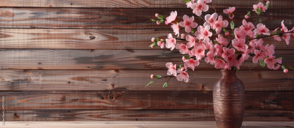 Leinwandbilder artificial pink flowers in a vase on wood . with copy space image. place for adding text or design