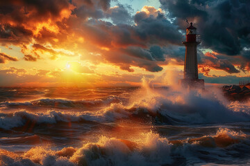 Generative ai on theme of large retro lighthouse with beam of bright light shining out to blue sea