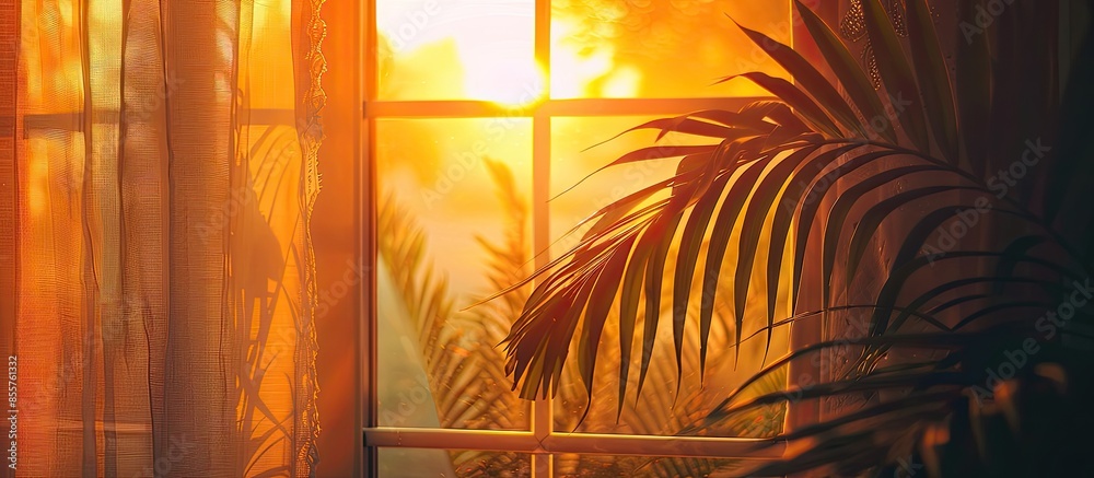 Poster romantic curtain inside a home with palm leaf and a orange sunset. with copy space image. place for 