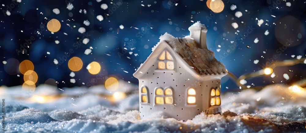 Aufkleber christmas and new year white ceramic toy house with luminous windows at night. falling snow. with co