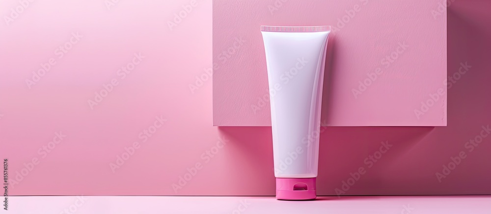 Poster Blank opened and closed pink tube container packaging on pastel background. Include clipping path around tube. . with copy space image. Place for adding text or design