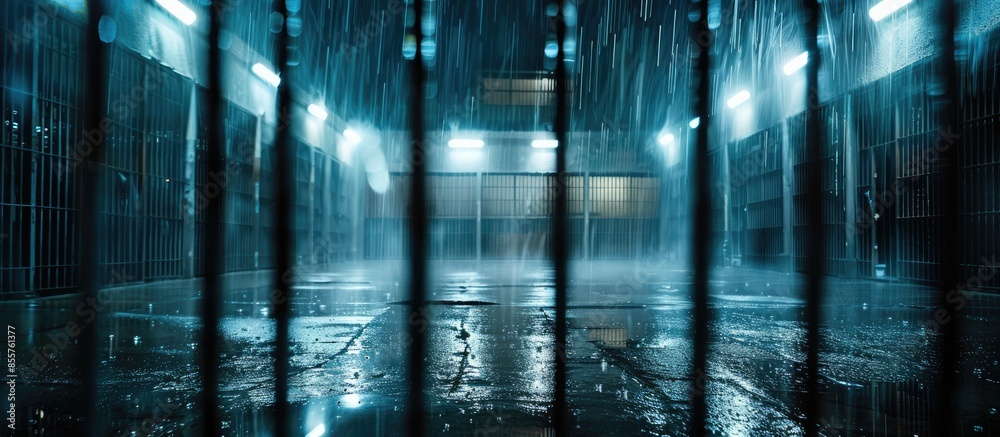 Poster dramatic shot of high security prison facility yard from inside iron bars during rain storm at night