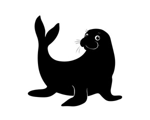 Black silhouette cute seal cartoon animal design flat vector illustration isolated on white background
