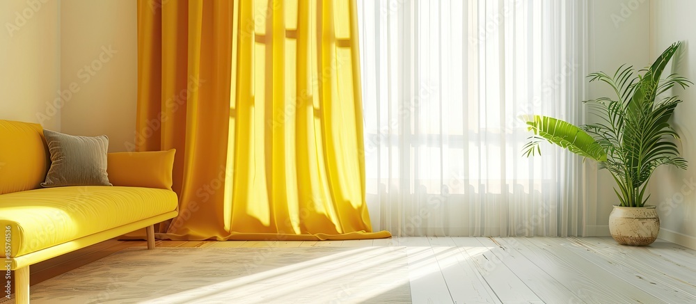 Poster Yellow curtain with rails in a living room . with copy space image. Place for adding text or design