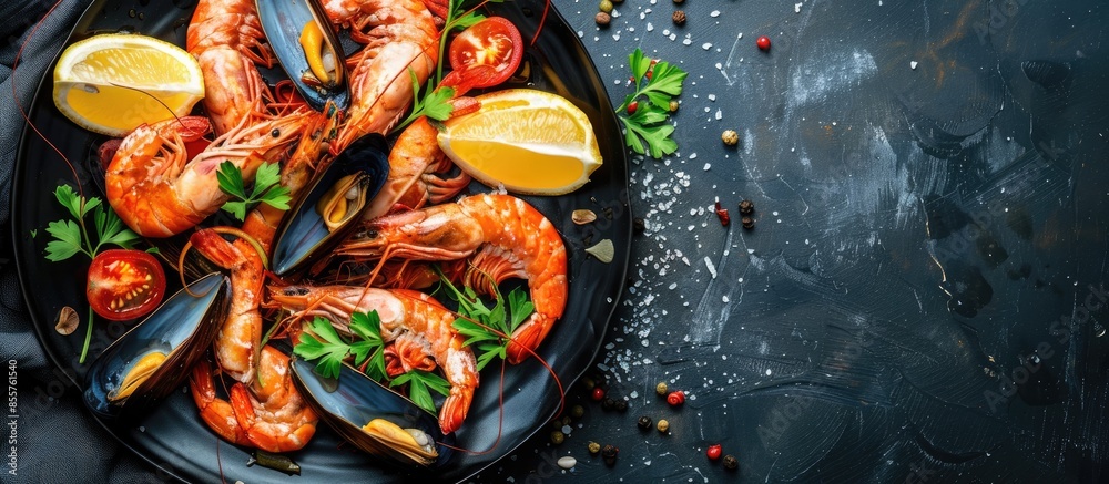 Aufkleber seafood shrimps prawns squid mussels spotted babylon shellfish crab on plate and dark background / c
