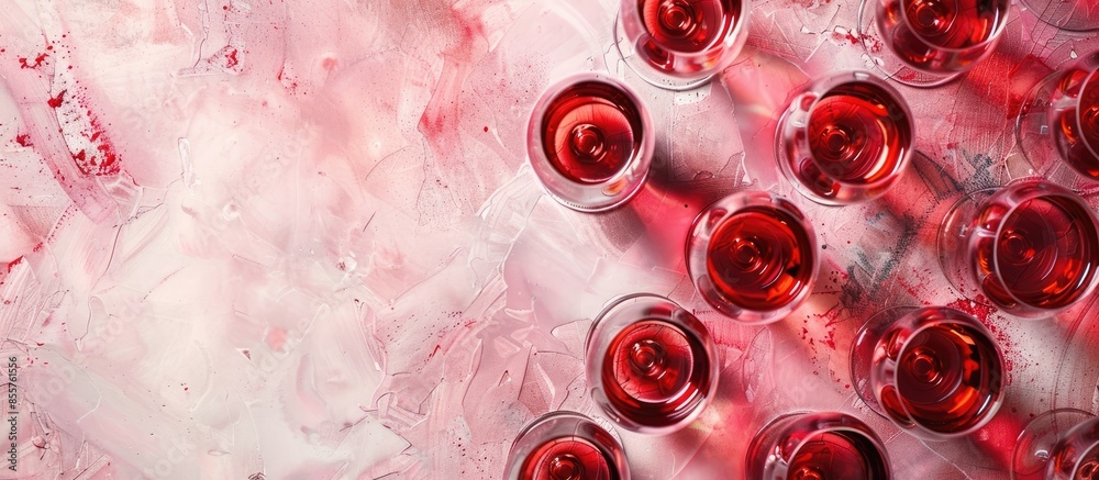 Poster many glasses of red wine at wine tasting. concept of red wine on colopastel background. top view, fl