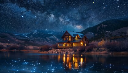 Fototapeta premium Starlit Serenity by the Lake: Cozy Lakeside Cottage Under a Twinkling Sky