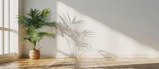Houseplant and carpet near light wall in big empty room. with copy space image. Place for adding text or design