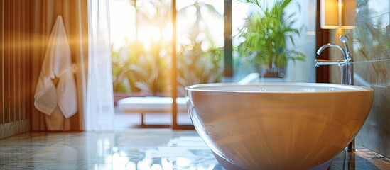 Blur focus of bathroom interior with modern tub and beautiful hotel. with copy space image. Place for adding text or design