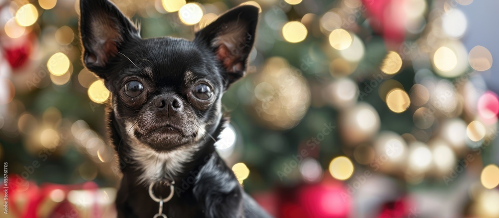 Poster black chihuahua dog in christmas interior. with copy space image. place for adding text or design