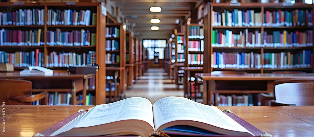 Aufkleber Book in library with old open textbook, stack piles of literature text archive on reading desk, and aisle of bookshelves in school study class room background for academic education learning concept