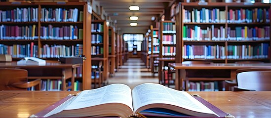 Book in library with old open textbook, stack piles of literature text archive on reading desk, and aisle of bookshelves in school study class room background for academic education learning concept