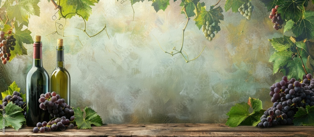 Poster grapes on vine with leaves with empty wine bottles sitting on wooden plank with an isolated pastel b