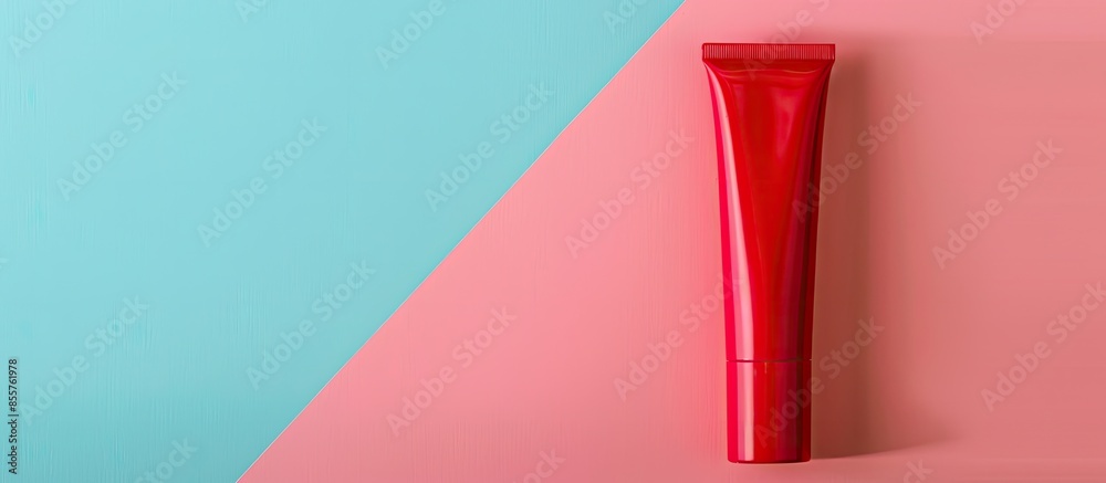 Poster red cosmetic tube in pastel background with clipping path. with copy space image. Place for adding text or design