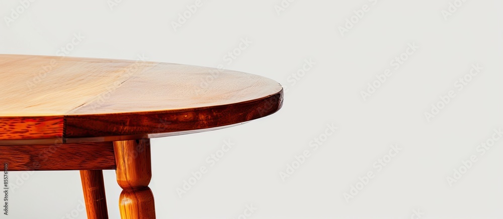 Poster round wooden table with four feet in white background. with copy space image. place for adding text 