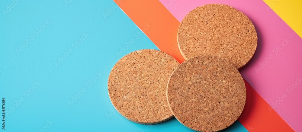 Aufkleber Mockup of empty blank beer drink cork coasters in studio environment on bright pastel background. with copy space image. Place for adding text or design