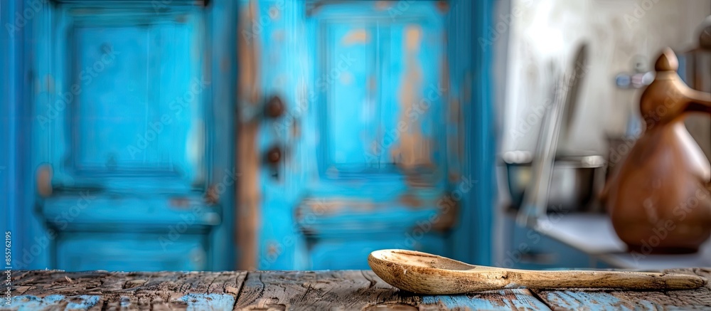 Poster blurred background of home with blue doors and spoons of wood . with copy space image. Place for adding text or design