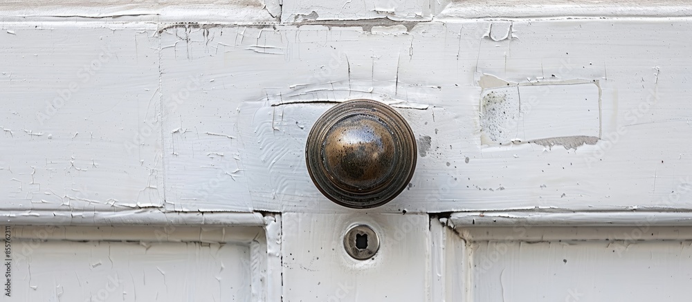 Poster Detail of a metallic knob on white door horizontal. with copy space image. Place for adding text or design