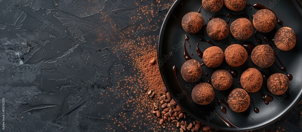 Fototapete chocolate truffles on a black plate with chocolate sauce. sweets are sprinkled with cocoa powder. to