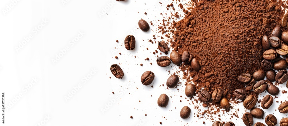 Poster Flat lay of ground coffee with coffee beans isolated on white background. Copy space image. Place for adding text or design