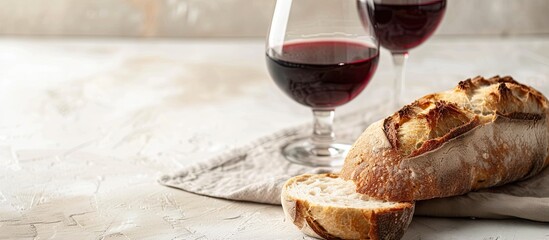 Fototapeta premium Red wine with fresh sliced sourdough bread the staples of life! Highkey effect. pastel background. with copy space image. Place for adding text or design